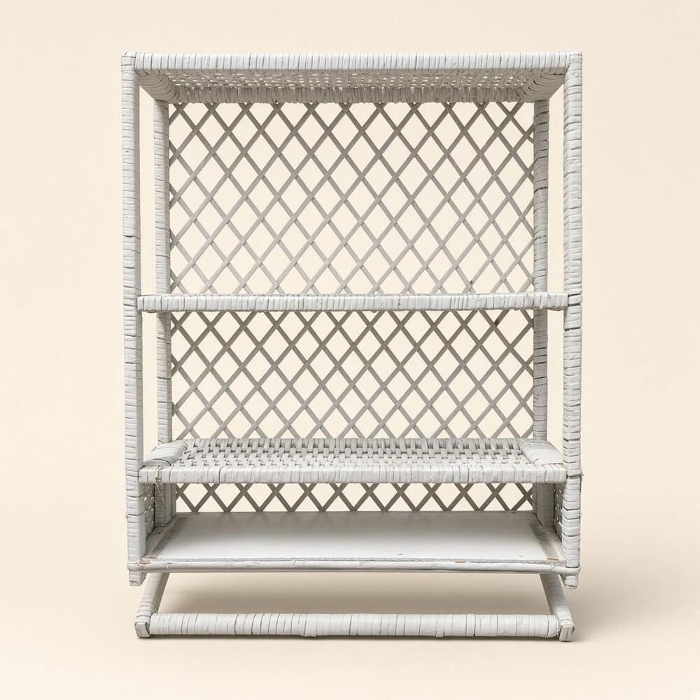 Vintage White Wicker Wall Shelf 2-Tier Rattan Bathroom Storage